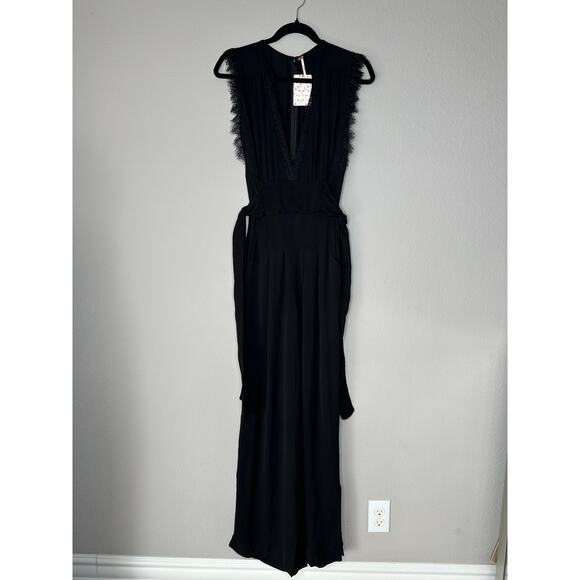 FREE PEOPLE CEM Black Sleeveless Lace Trim Deep V Cinch Waist Wide Leg Jumpsuit - Picture 7 of 14